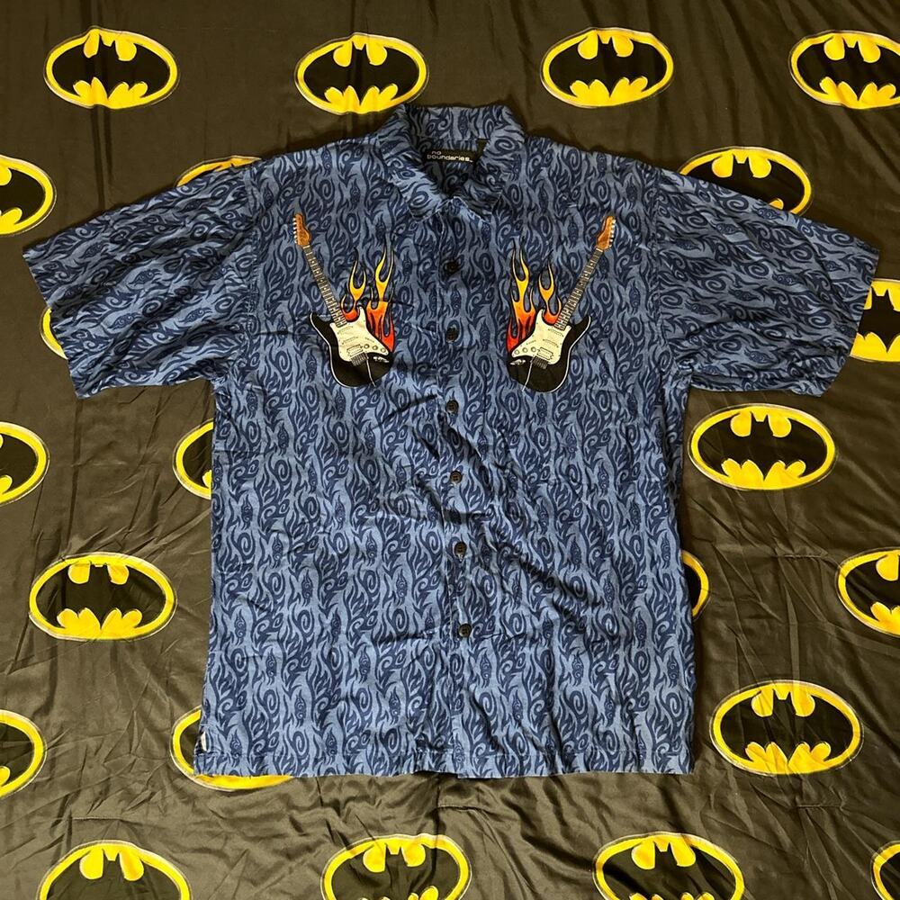 Vintage No Boundaries Flaming Guitar Rock Dad Tribal Button Short Sleeve Shirt
